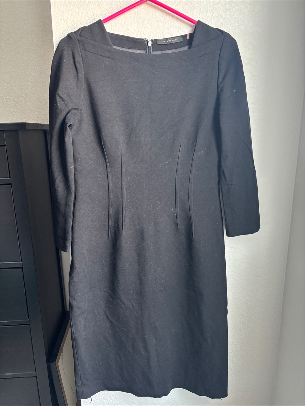 Elie Tahari Black Midi Sheath Dress with Three-Quarter Sleeves